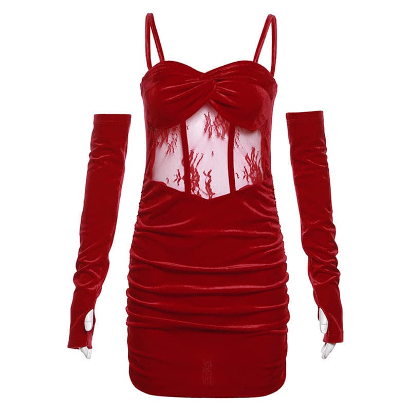 Velvet Sweetheart Neck Lace Panel Corset Detached Sleeve Mini Dress