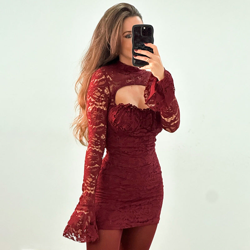 Mock Neck Chest Cutout Bell Sleeve Floral Lace Bodycon Mini Dress