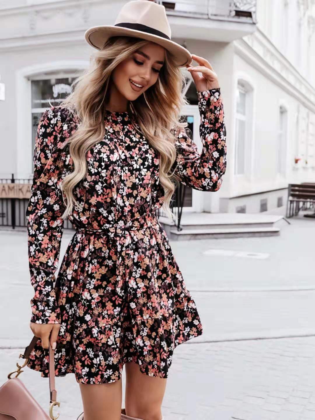 Crew Neck Long Sleeve Self Tie Waist Tiered Ruffle Floral Mini Dress