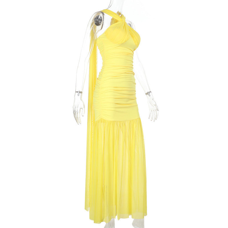 Halter Keyhole Ruched Bustier Mesh Skirt Column Maxi Gown