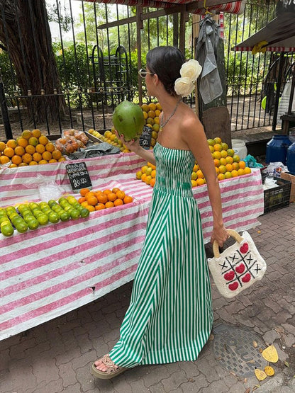 Strapless Shirred Striped Flowy Maxi Dress