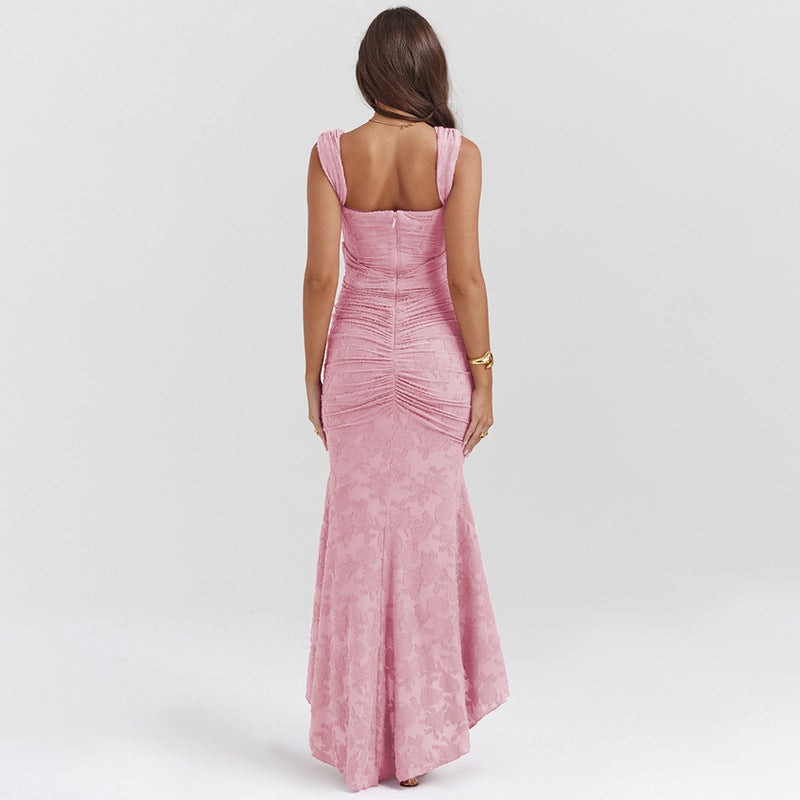 Square Neck Corset Ruched Jacquard High-Low Ruffle Maxi Dress