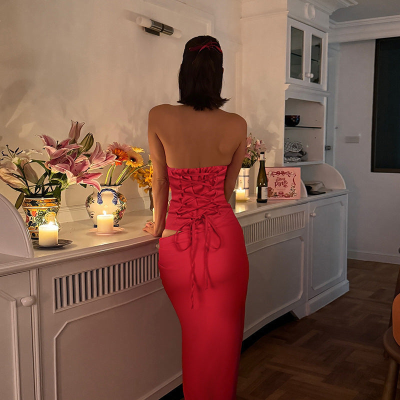 Strapless Corset Bodice Draped Column Maxi Gown Two-Piece Look