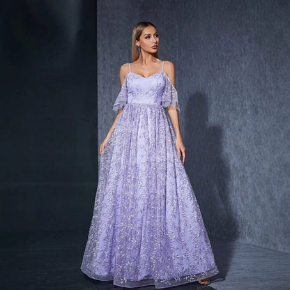 Sweetheart Cold Shoulder Flutter Sleeve Floral Embroidered Ball Gown
