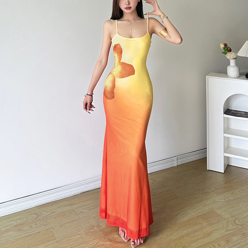 Ombre Print Square Neck Contrast Trim Backless Cami Midi Dress