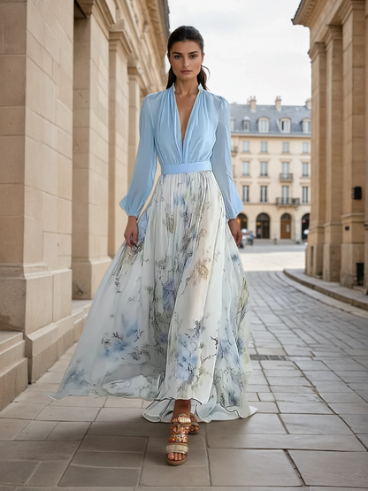 Deep V Bishop Sleeve Belted Accordion Pleat Floral Maxi Dress