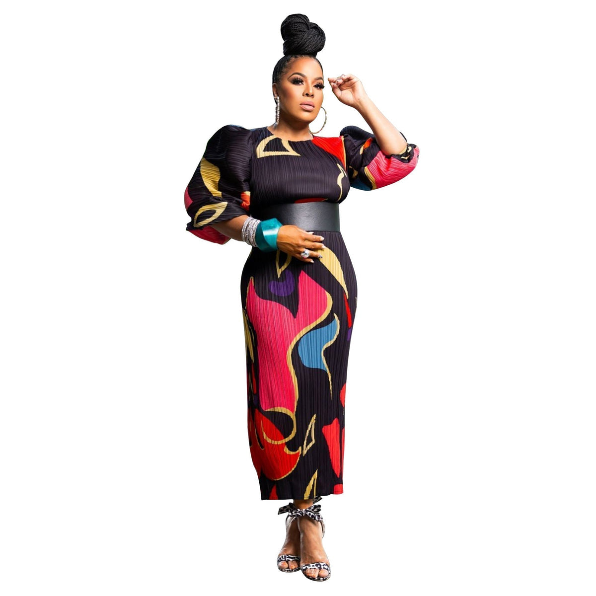 Crew Neck Puff Sleeve Abstract Print Plisse Belted Midi Dress
