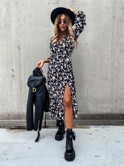 Deep V Floral Print Button Front High Slit Midi Dress