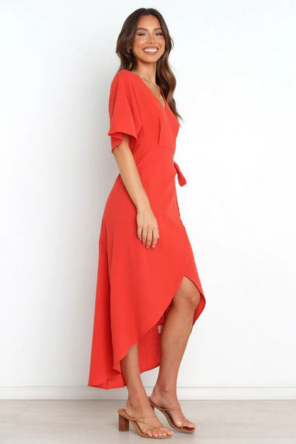 Deep V-Neck Flutter Sleeve Wrap Tie Waist High Low Hem Midi Dress