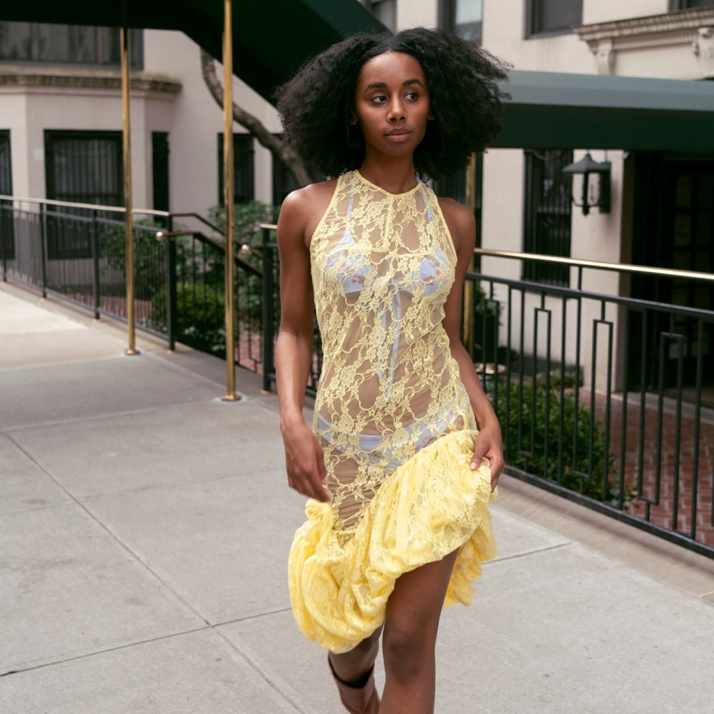 High Neck Sleeveless Sheer Floral Lace Ruffle Flounce High Slit Maxi Dress