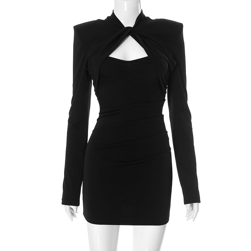 Twist Front Padded Shoulder Bodycon Midi Dress