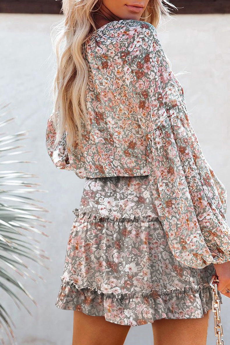 Deep V Balloon Sleeve Tiered Ruffle Ditsy Floral Mini Dress