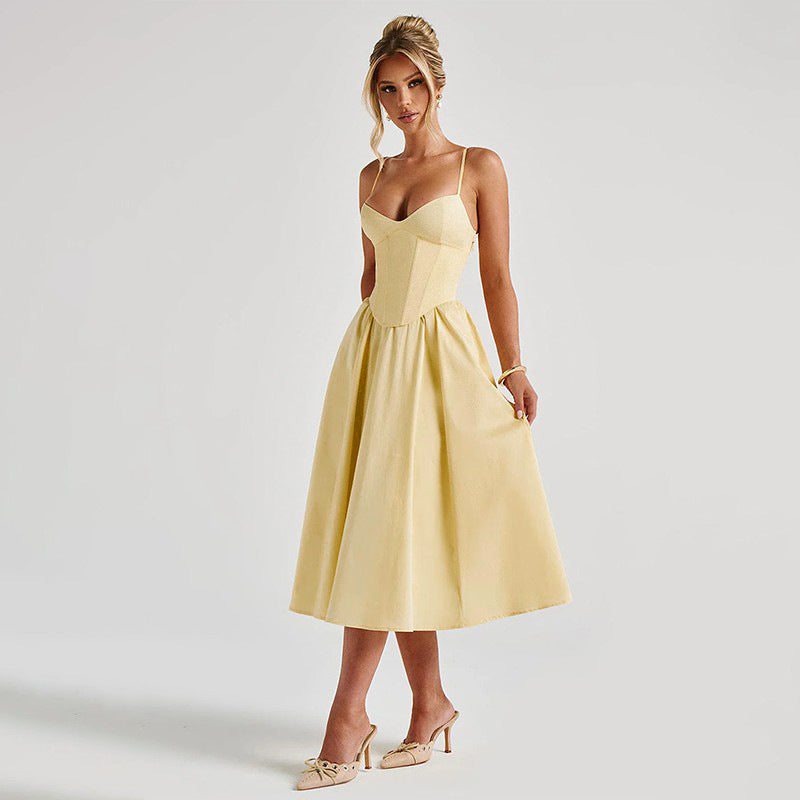 Sweetheart Spaghetti Strap Corset Bodice Pleated Pocket Midi Dress