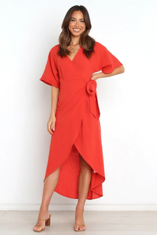 Deep V-Neck Flutter Sleeve Wrap Tie Waist High Low Hem Midi Dress
