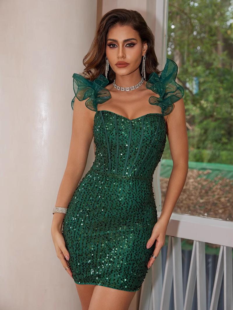 Off-Shoulder Sweetheart Corset Sequin Embellished Ruffle Sleeve Mini Dress