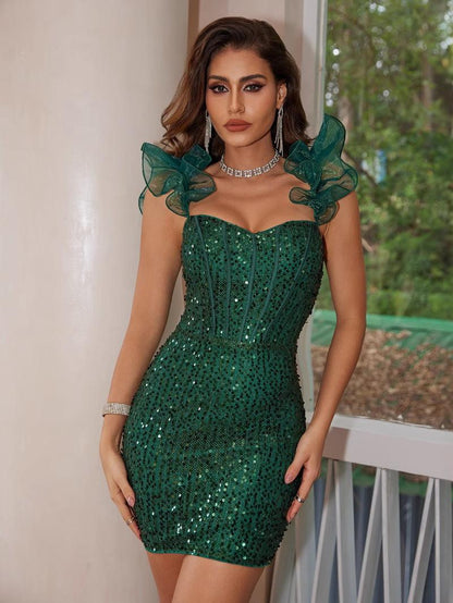 Off-Shoulder Sweetheart Corset Sequin Embellished Ruffle Sleeve Mini Dress