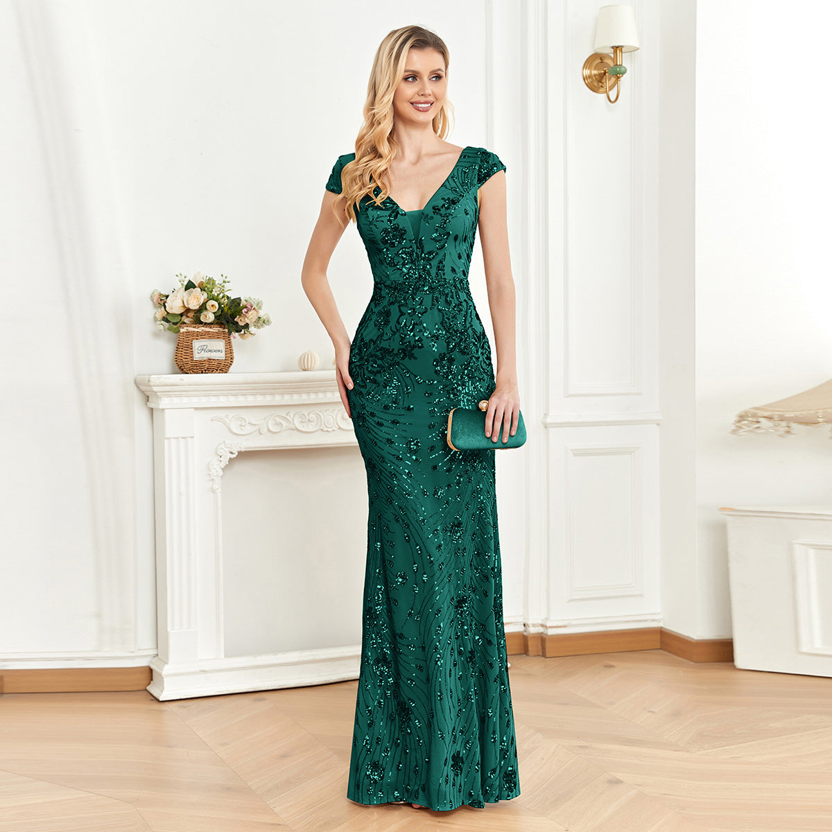Deep V Neck Cap Sleeve Floral Sequin Embroidered Mermaid Maxi Gown