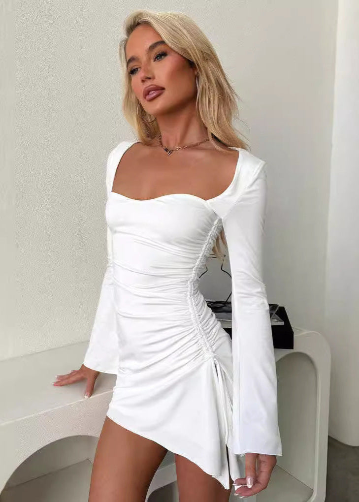 Sweetheart Neck Bell Sleeve Ruched Drawstring Asymmetrical Hem Mini Dress