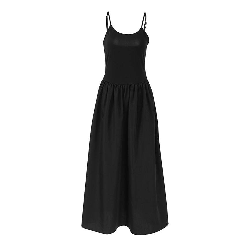 Scoop Spaghetti Strap Drop Waist Pleated Poplin Skirt Maxi Dress
