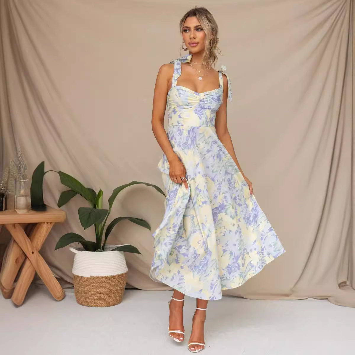 Blue Tie Strap Fit and Flare Floral Print Midi Dress