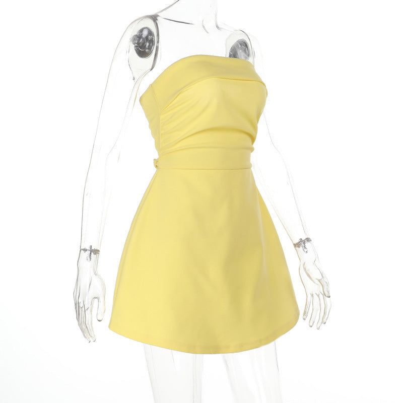 Strapless Pleated Bubble Hem Mini Dress