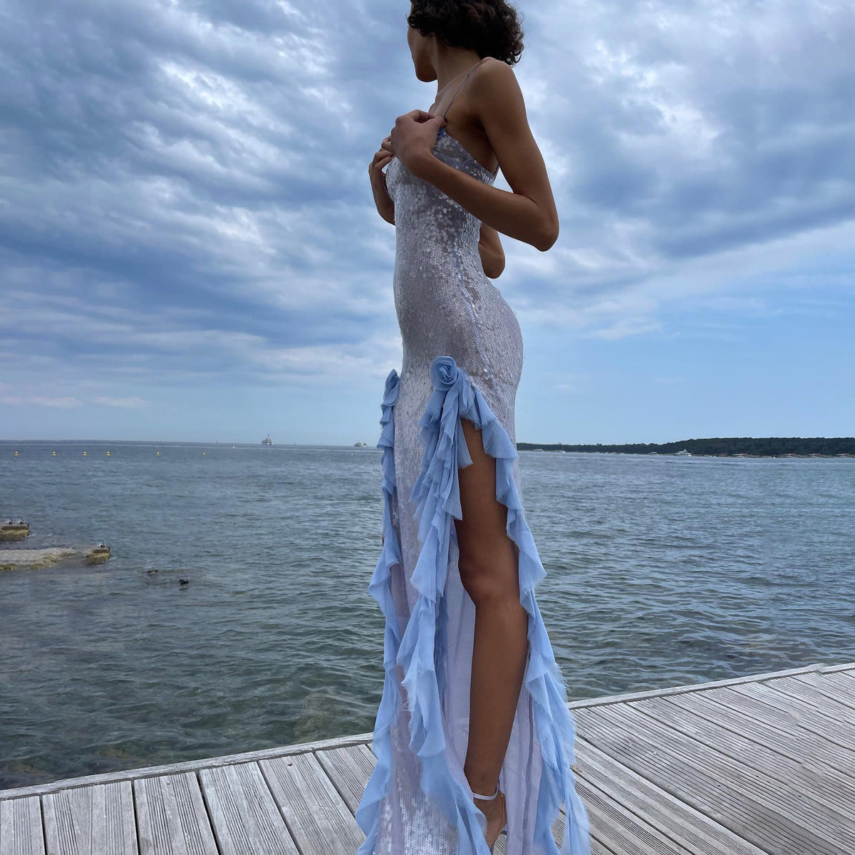 Spaghetti Strap Sequin Side Ruffle Tier Maxi Gown