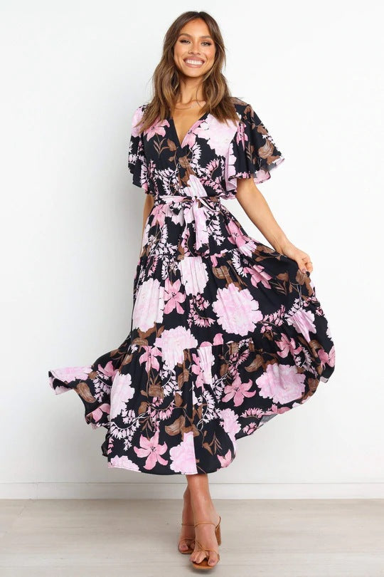 Deep V Neck Wrap Tie Waist Flutter Sleeve Tiered Floral Maxi Dress