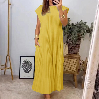 Accordion Pleated Crew Neck Sleeveless Maxi Dress