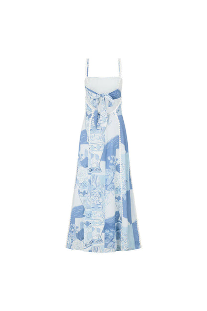 Square Neck Spaghetti Strap Tile Print Crochet Trim Maxi Dress