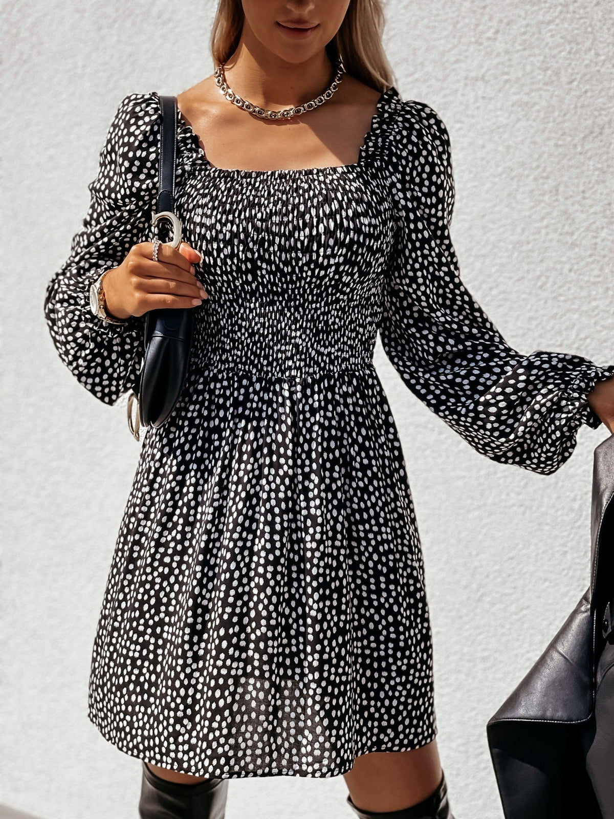 Square Neck Smocked Puff Sleeve Polka Dot Flared Mini Dress