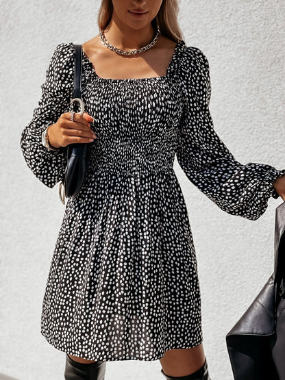Square Neck Smocked Puff Sleeve Polka Dot Flared Mini Dress