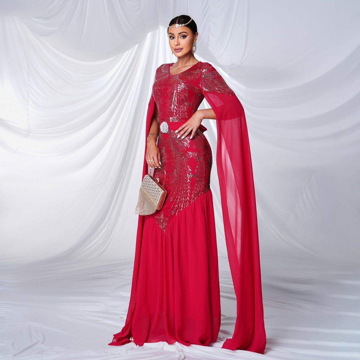 Sequin Feather Motif Belt Cape Sleeve Mermaid Maxi Gown