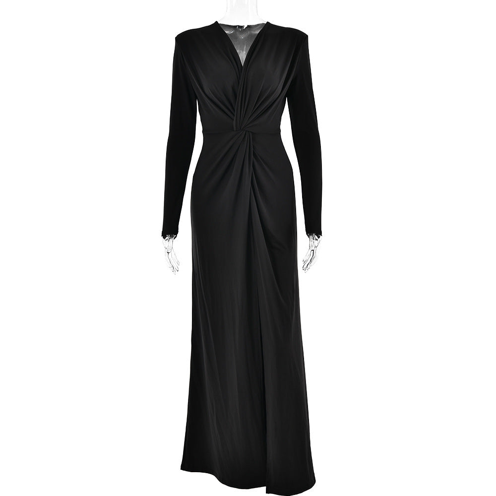 Deep V Neck Long Sleeve Twist Waist Ruched High Slit Column Maxi Dress
