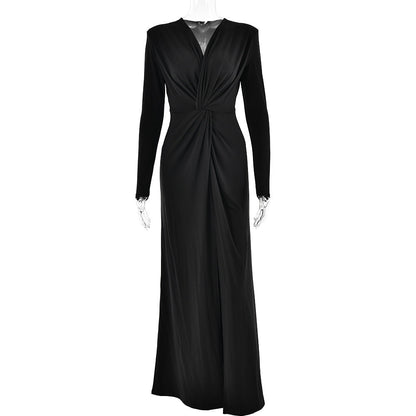 Deep V Neck Long Sleeve Twist Waist Ruched High Slit Column Maxi Dress