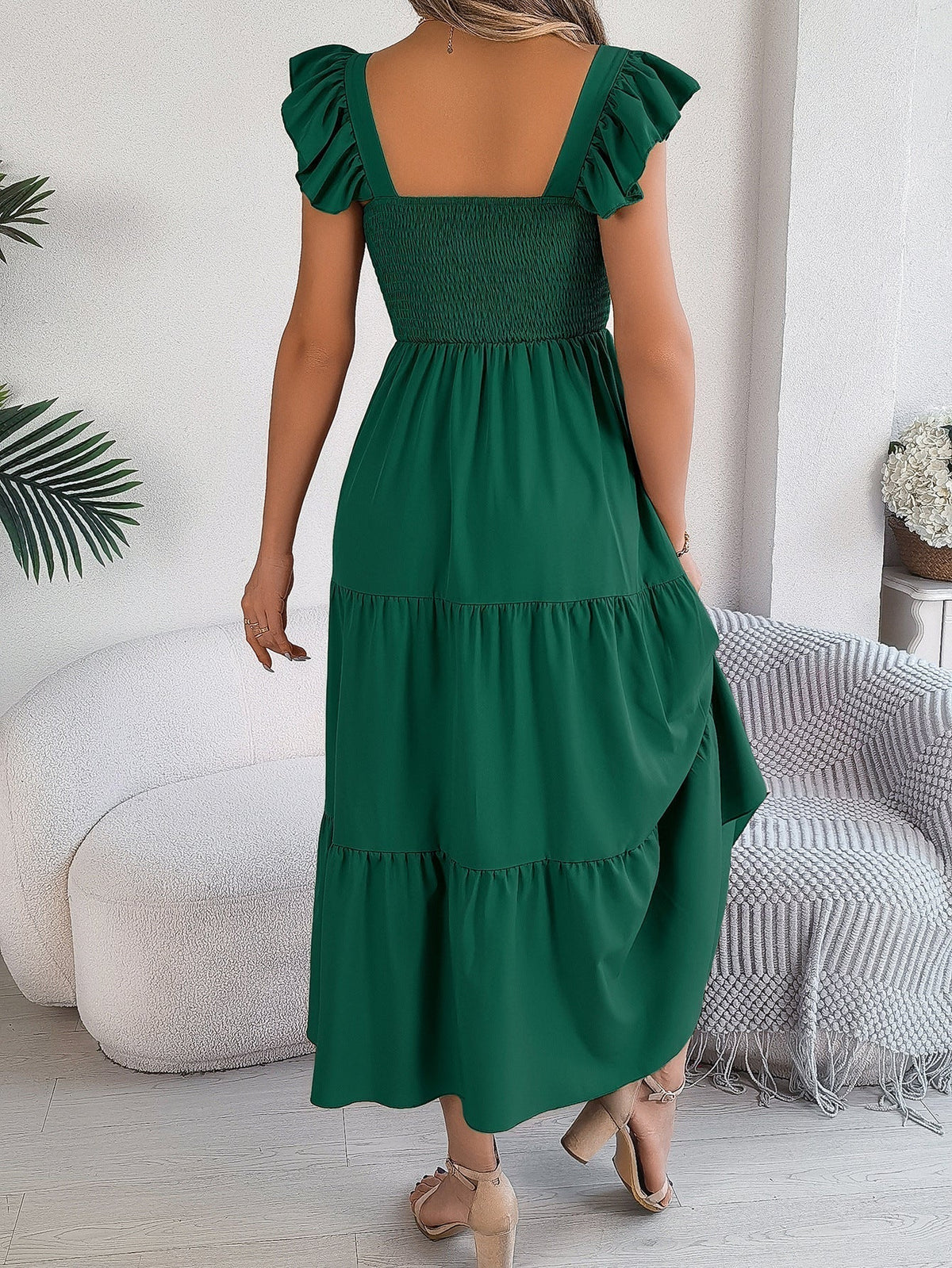 Dark Green Off Shoulder Embroidered Floral Tiered Maxi Dress