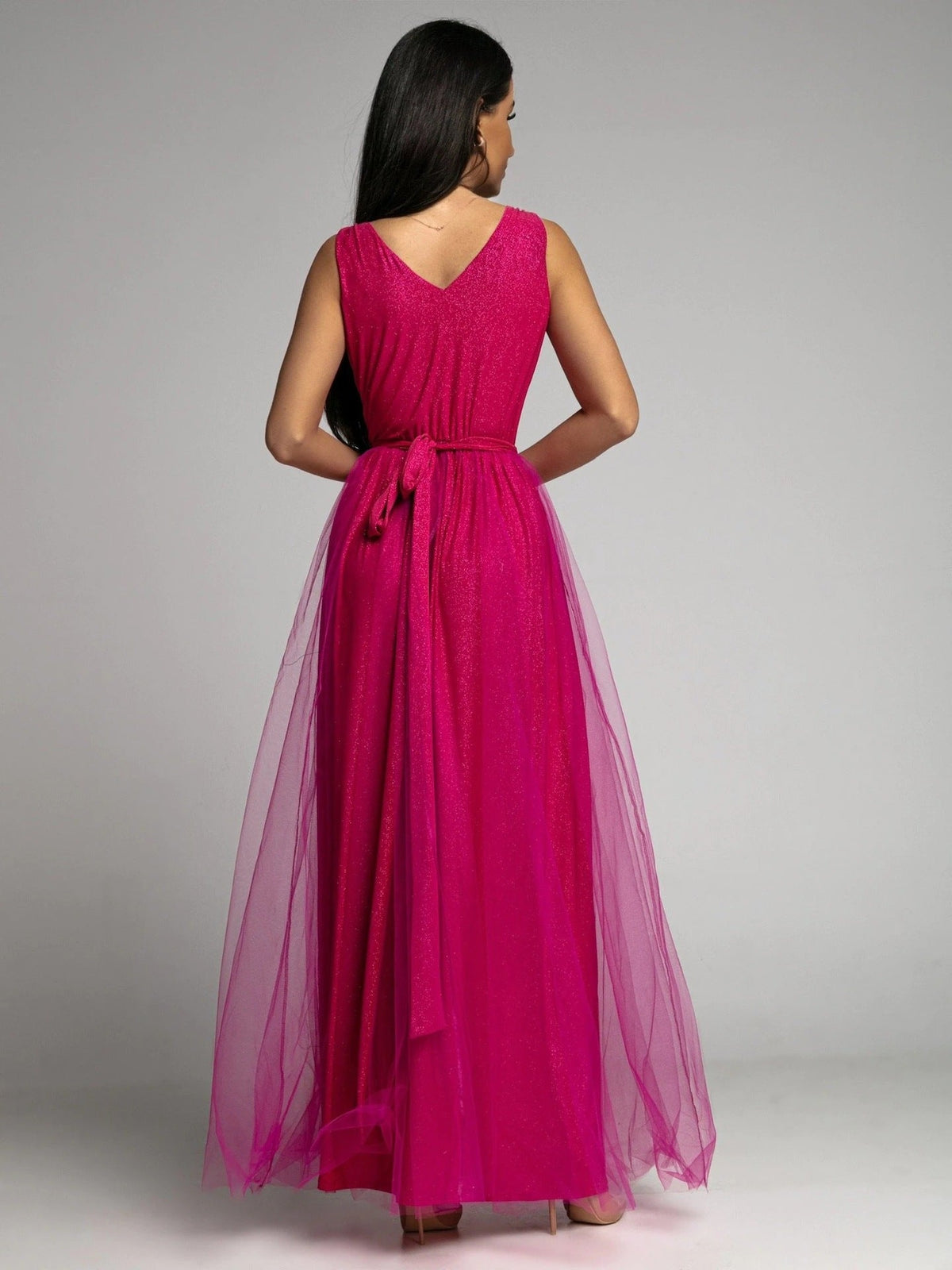 Plunge V-Neck Wrap Bodice Tulle Overlay Side Slit Shimmer Maxi Dress