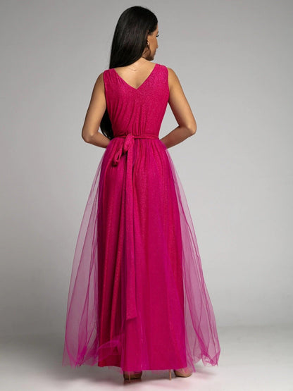 Plunge V-Neck Wrap Bodice Tulle Overlay Side Slit Shimmer Maxi Dress