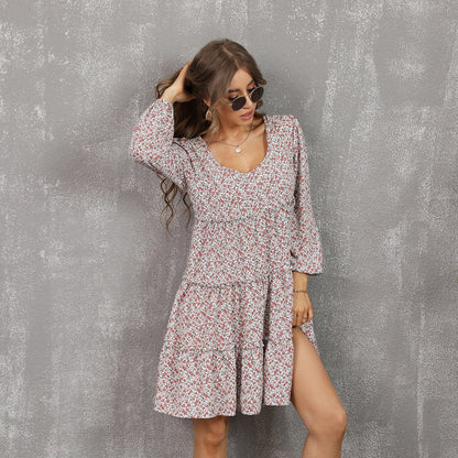 Round Neck Long Sleeve Ditsy Floral Tiered Babydoll Mini Dress
