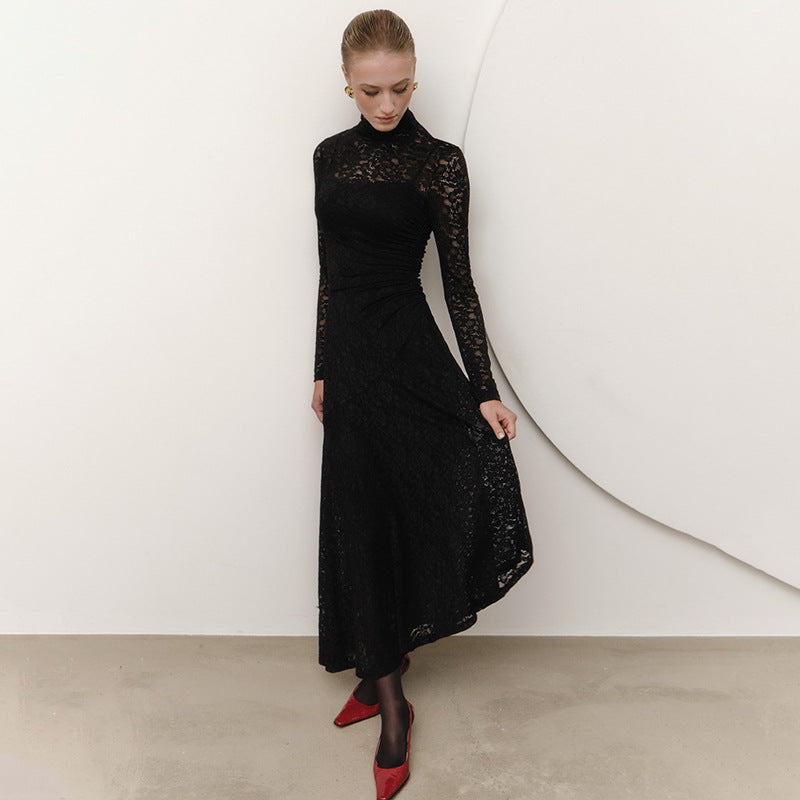 Mock Neck Long Sleeve Floral Lace Ruched High-Low Midi Dress