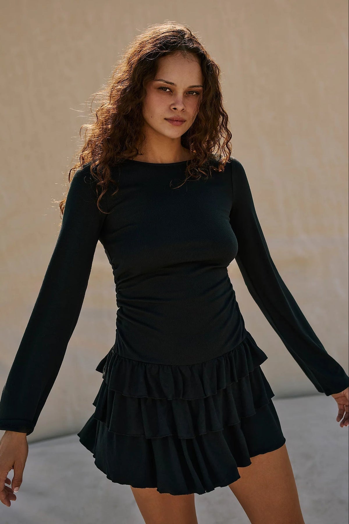 Boat Neck Long Sleeve Side Ruched Tiered Ruffle Ribbed Mini Dress
