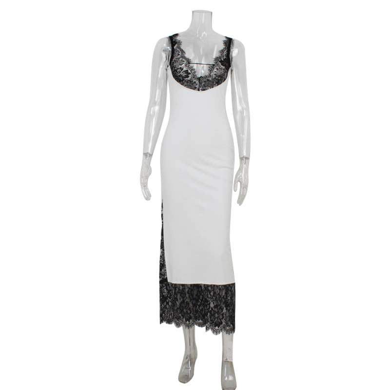 Sleeveless Deep V Lace Panel Sheath Maxi Dress