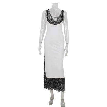 Sleeveless Deep V Lace Panel Sheath Maxi Dress