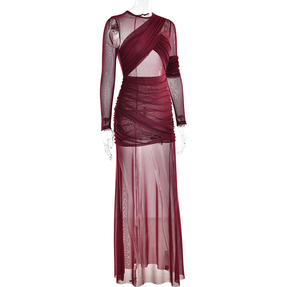 Crew Neck Sheer Mesh Ruched Cutout Overlay Maxi Dress