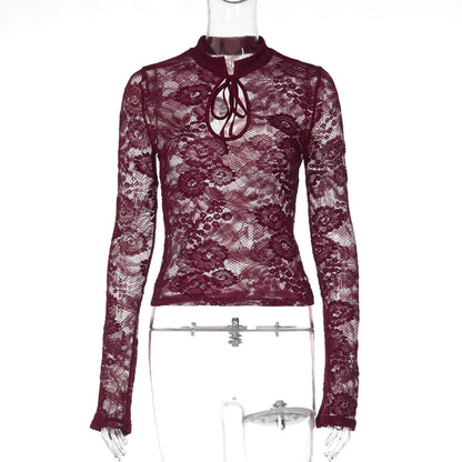 Floral Lace Sheer Mock Neck Top