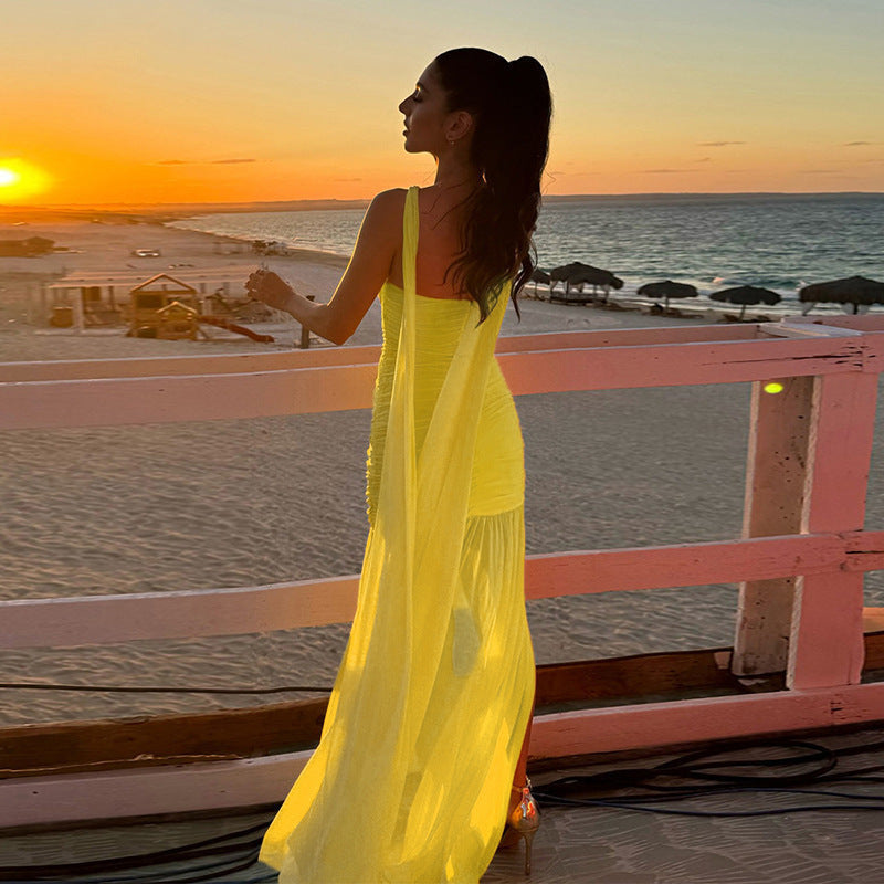 Halter Keyhole Ruched Bustier Mesh Skirt Column Maxi Gown