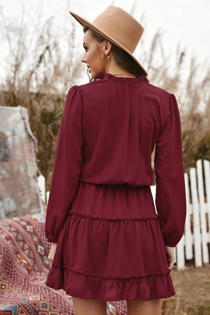 Mock Neck Ruffle Trim Shift Midi Dress