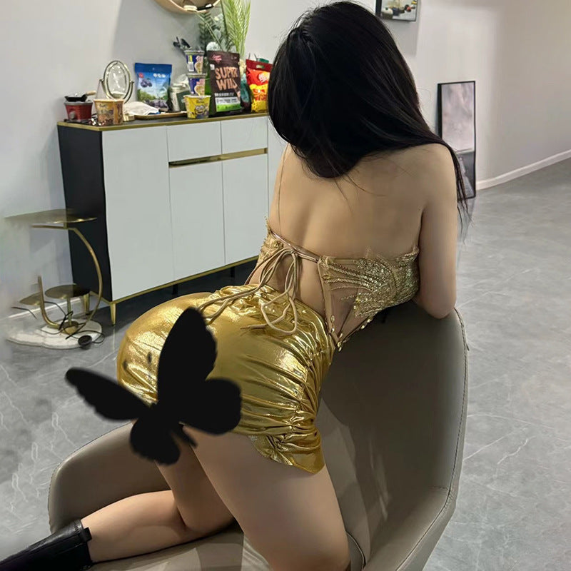 Strapless Fringe Corset Top Draped High Slit Sequin Mini Skirt Set