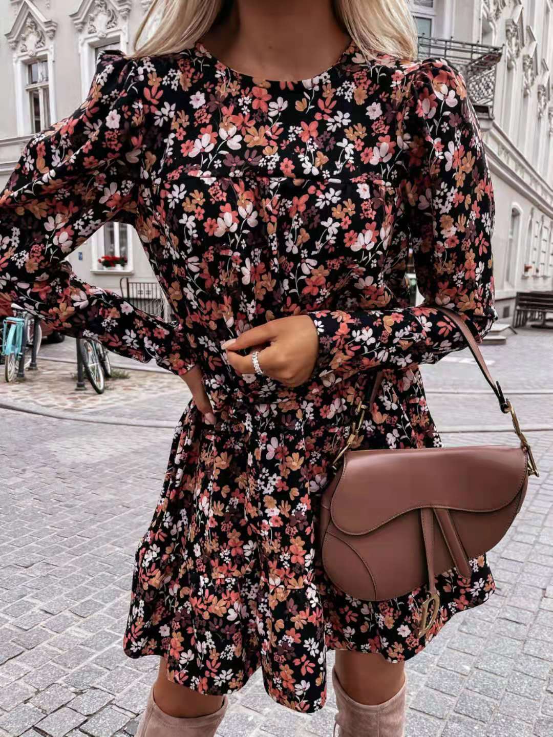 Crew Neck Long Sleeve Self Tie Waist Tiered Ruffle Floral Mini Dress