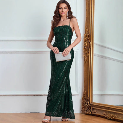 Square Neck Spaghetti Strap Sequin Geometric Mermaid Maxi Gown