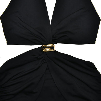 Halter Plunging V-Neck Side Waist Cutout Ring Detail Bodycon Maxi Dress
